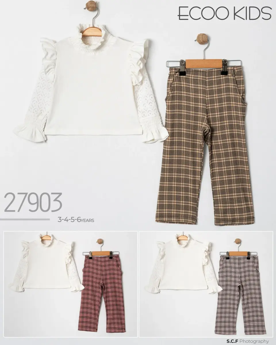 Fırfırlı Bluz Ekose Pantolon Takımı