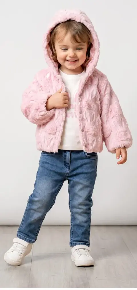 Kapüşonlu peluş ceket, tişört ve kot pantolon takım